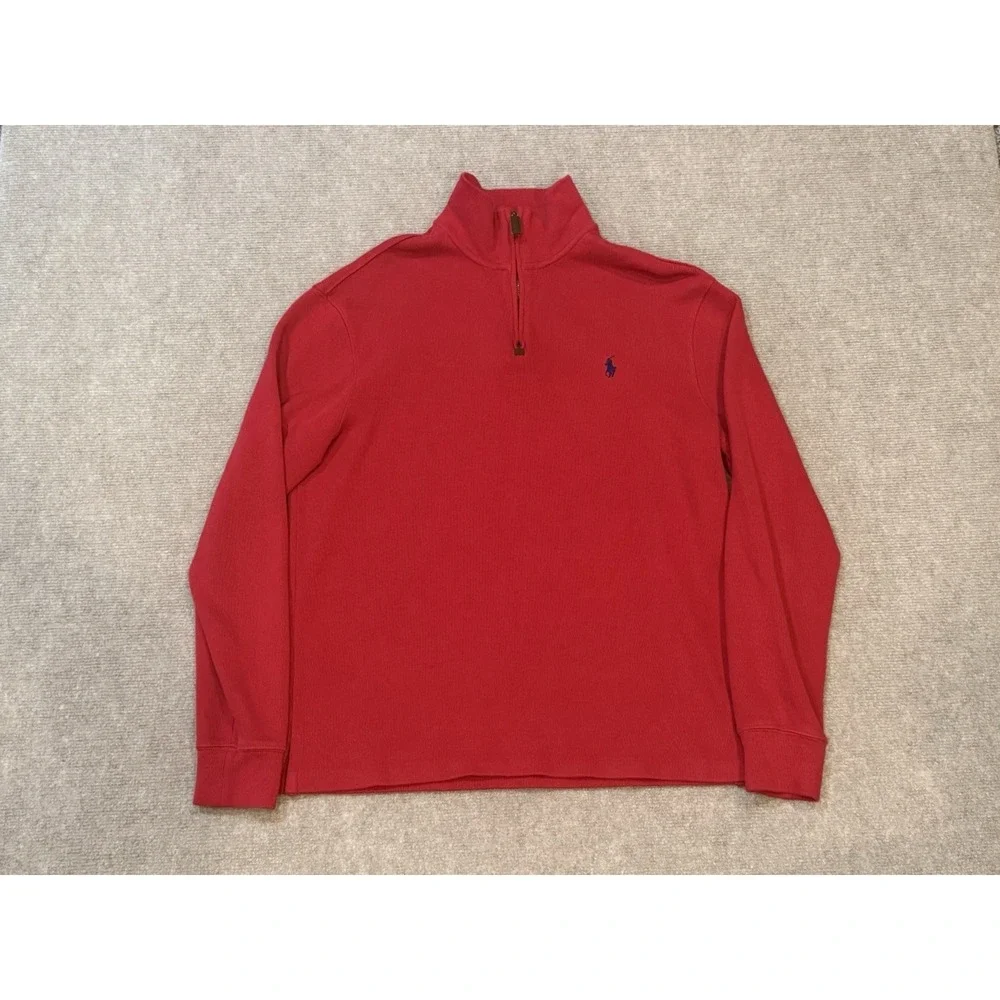 Polo Ralph Lauren Red Quarter Zip Mock Neck Pullover Blue Pony Sweatshirt Mens M